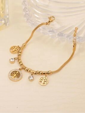 Gold Tree of Life Charm Bracelet with Crystal Accents